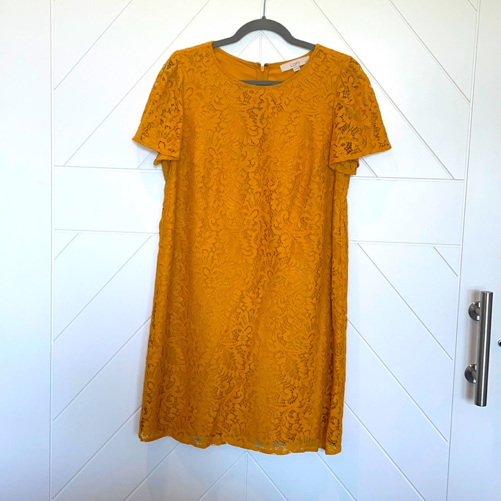 Loft 12 Petite mustard yellow lace overlay dress